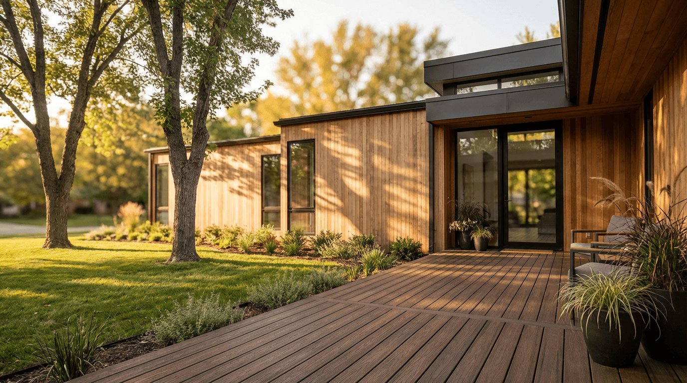 Contemporary residential home exterior at sunset featuring modern architecture with wood and stone cladding, large windows, and landscaped front yard