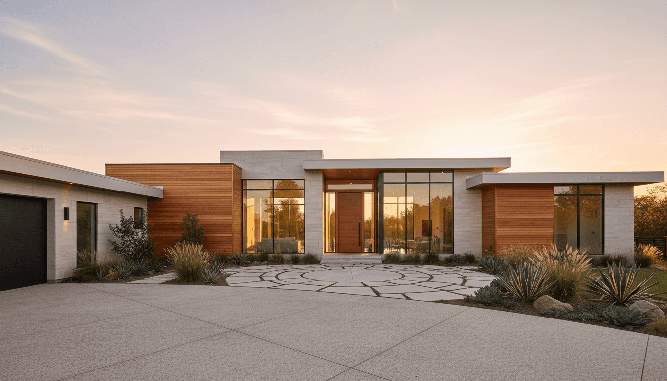 Contemporary residential home exterior at sunset featuring modern architecture with wood and stone cladding, large windows, and landscaped front yard